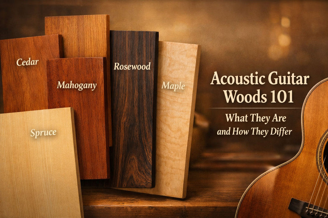 Comparison of common acoustic guitar tonewoods including spruce, cedar, mahogany, rosewood, and maple