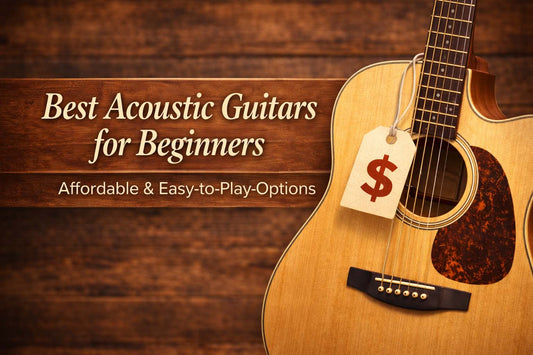 Beginner acoustic guitar with price tag highlighting affordable and easy-to-play options