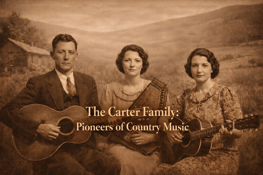 The Carter Family seated with guitars and an autoharp in a vintage sepia portrait, pioneers of country music