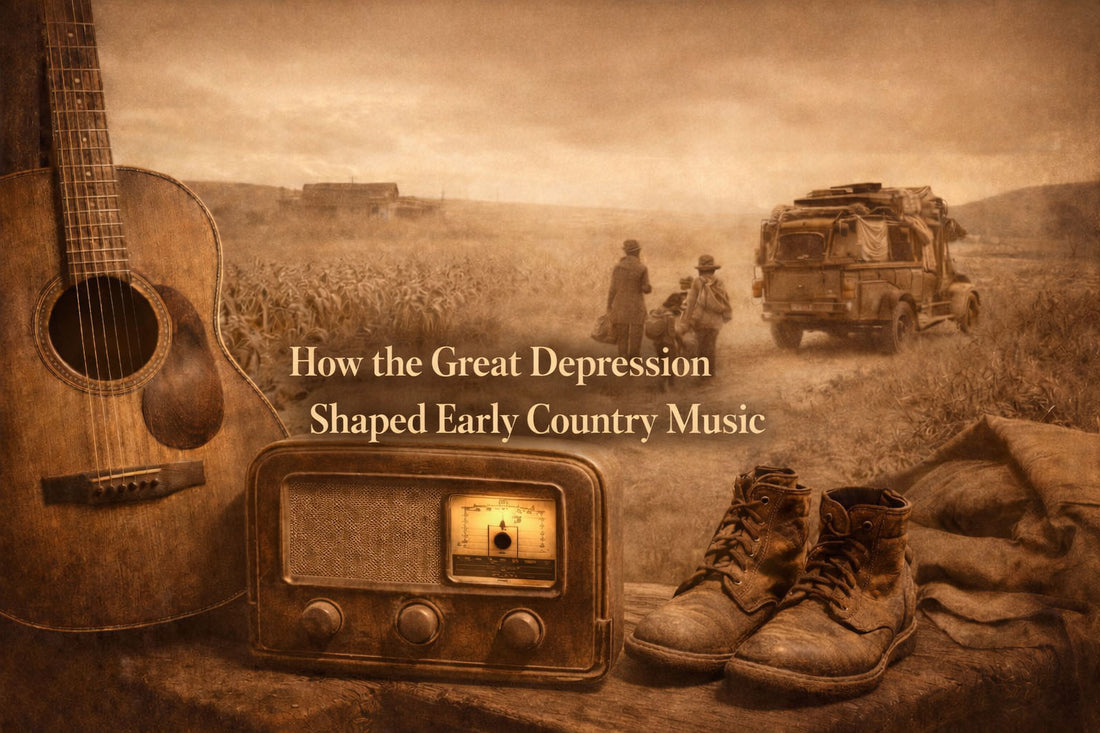 Vintage scene of early country music during the Great Depression with an old radio and guitar