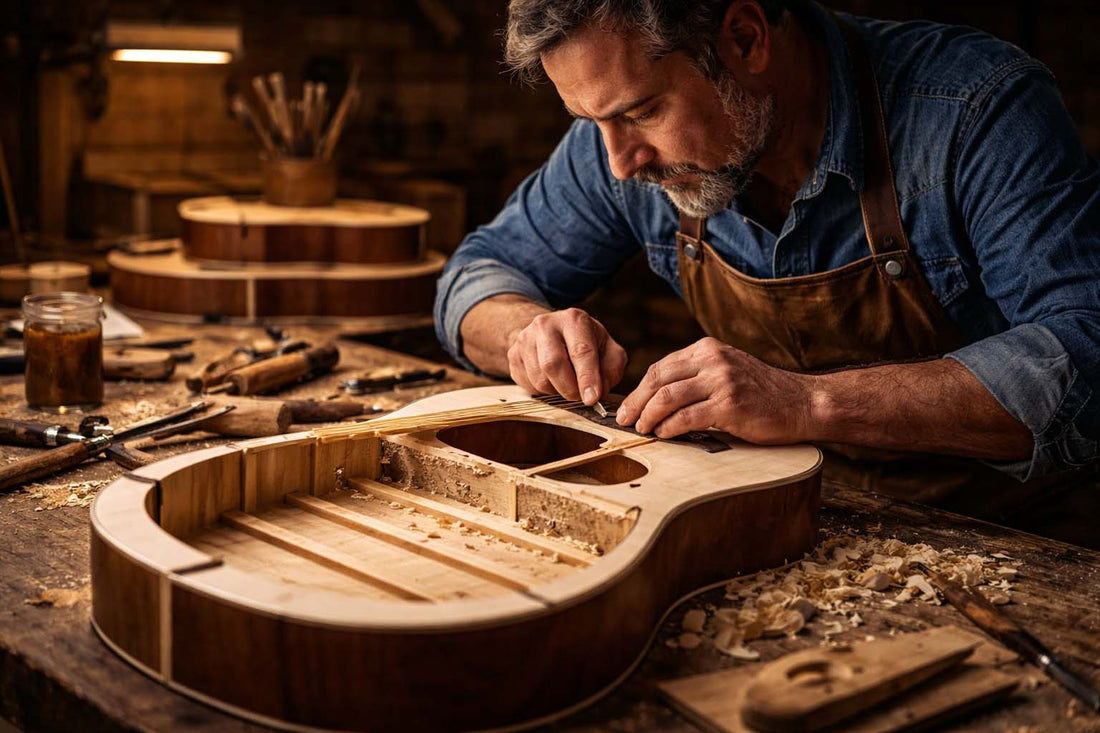 Luthier shaping the top bracing of an acoustic guitar in a traditional workshop