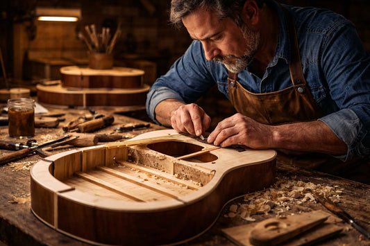Luthier shaping the top bracing of an acoustic guitar in a traditional workshop