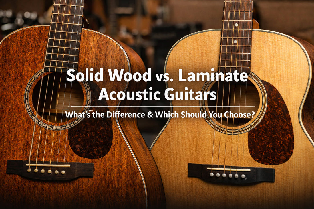 Solid wood vs laminate acoustic guitars showing sound hole and wood grain differences